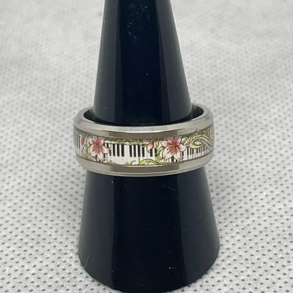 Music Lover Floral Keyboard Piano Treble Clef Stainless Steel Band Ring Size 9